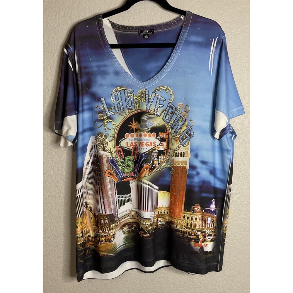 Lisa International Womens 1X T-Shirt Blue Las Vegas Graphic Rhinestone V‎ Neck